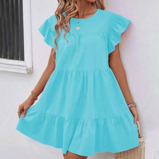 SHEIN Women Summer Solid Color Round Neck Loose Babydoll Dress With Ruffle Trim Vacation Beach Outfit