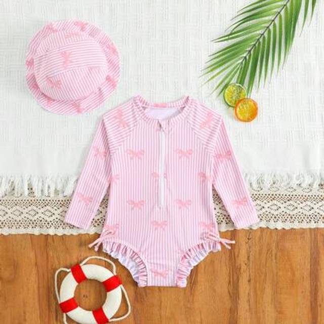 SHEIN 1-Piece Girls Butterfly Print Long Sleeve Swimsuit With Zipper, Includes Hat