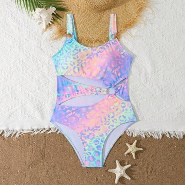 SHEIN Teen Girls&#39; Colorful Ombre Leopard Print Asymmetric Decor One-Piece Swimsuit