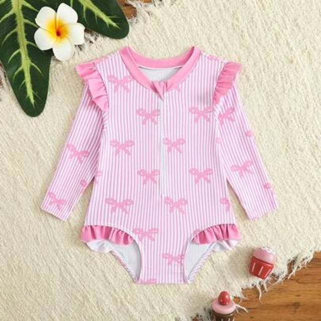 SHEIN Baby Girl Bowknot Striped Ruffled One-Piece Swimsuit With Zipper Swimsuit Long Sleeve Girls Swimsuit Kids Swimsuits Long Sleeve Kids Swimsuit Long Sle