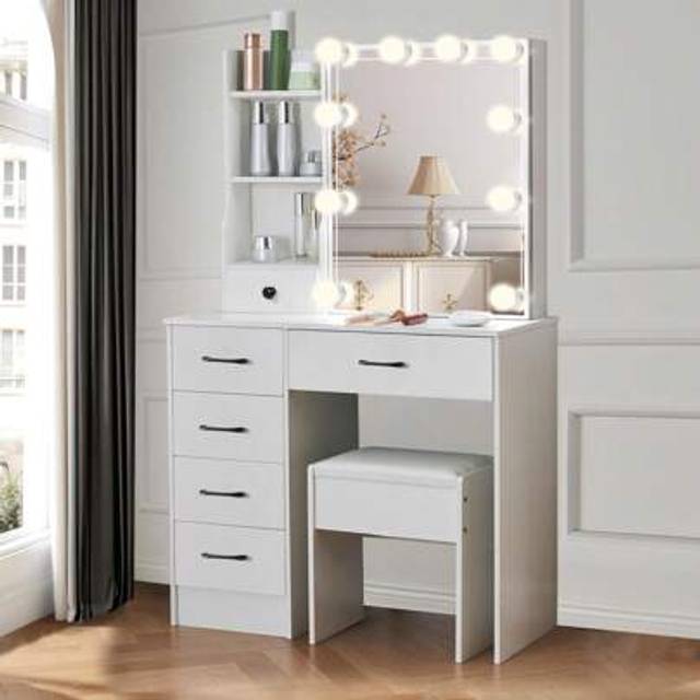 SHEIN Dressing Table Stool Set With 10 LED Lights Mirror 6 Drawers Vanity Makeup Desk