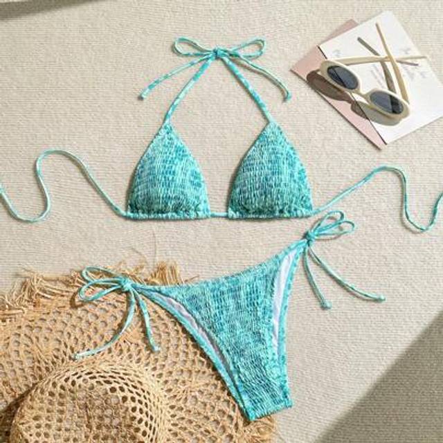 SHEIN Women Halter Neck Tie Back Swimwear Top And Bottoms Set, Bikini Summer
