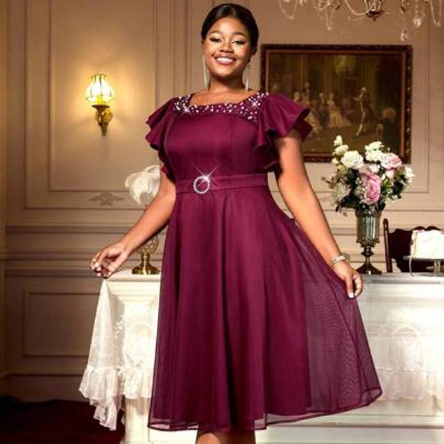 AOMEI Plus Size Women A Line Party Dresses Beading Ruffles Sleeves Lining With Waist Buckle Elegant Curve Ladies, For Cocktail