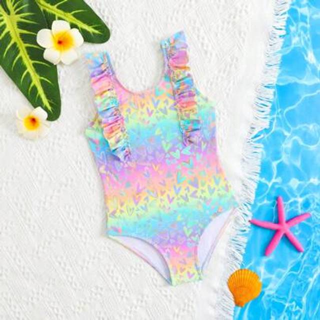 SHEIN Young Girls Cute Ruffled Tropical Floral Print One-Piece Swimsuit, Tie Dye Pink Beachwear, Swimming, Beach Wear
