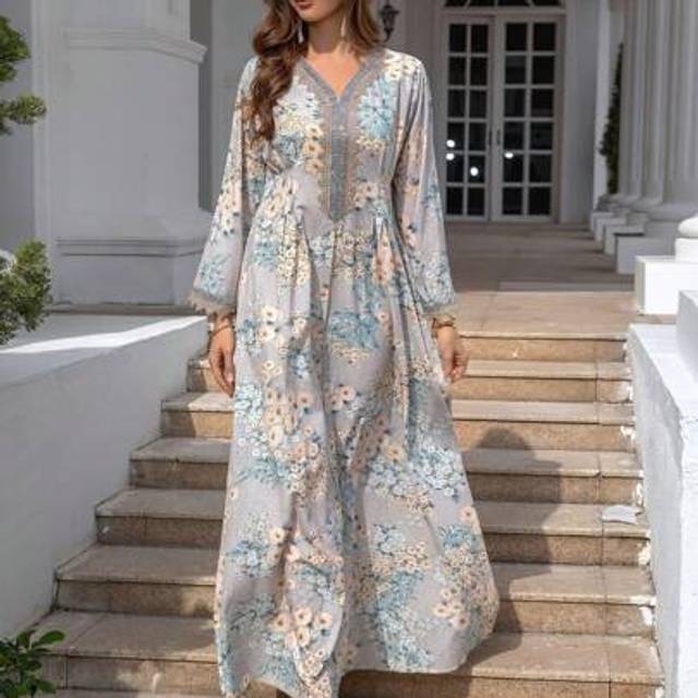 SHEIN [Elegant Floral Print Abaya Dress] Long Sleeve V-Neck Elegant Floral Print Abaya Dress - Rhinestone Detail, Loose Fit For Women - Perfect For Spring A