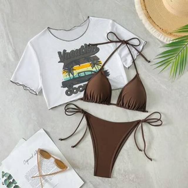 SHEIN Women Summer Beach Solid Color Halter Tie Up Sexy Bikini Set With Printed Short Sleeve Cover Up Top