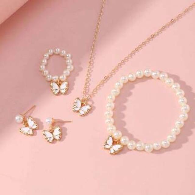 SHEIN 5 Pieces Girl Pearl Drop Oil Small Butterfly Necklace Bracelet Ring Simple Match All Set