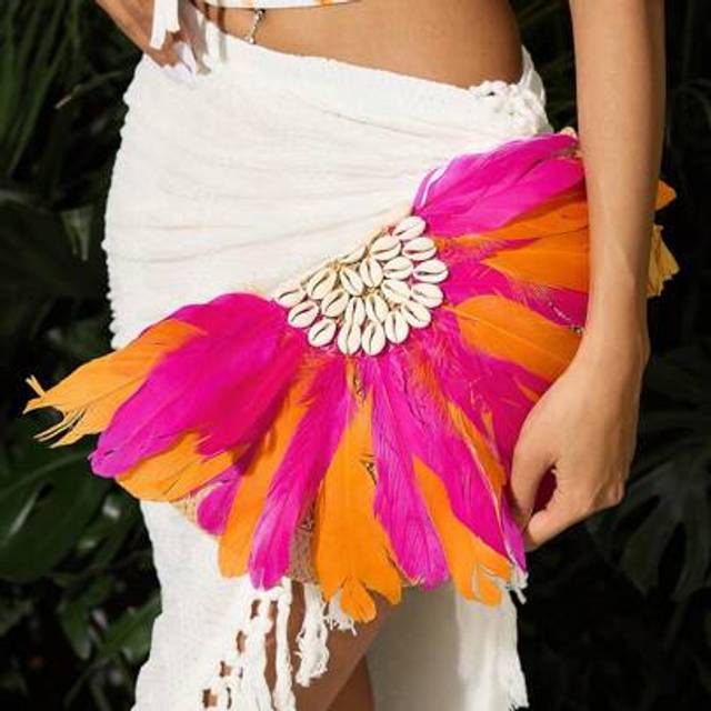 SHEIN Ladies,Women Clutchs, ,Woven Bag , Beach, Vacation, Holiday, Summer, Straw, Elegant,Artificial Feathers, Shell Decorations, Straw