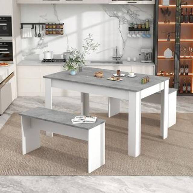 SHEIN Flieks Dining Table With 2 Benches Dining Table Set For Kitchen, Dining Room, Small Space Artificial Marble
