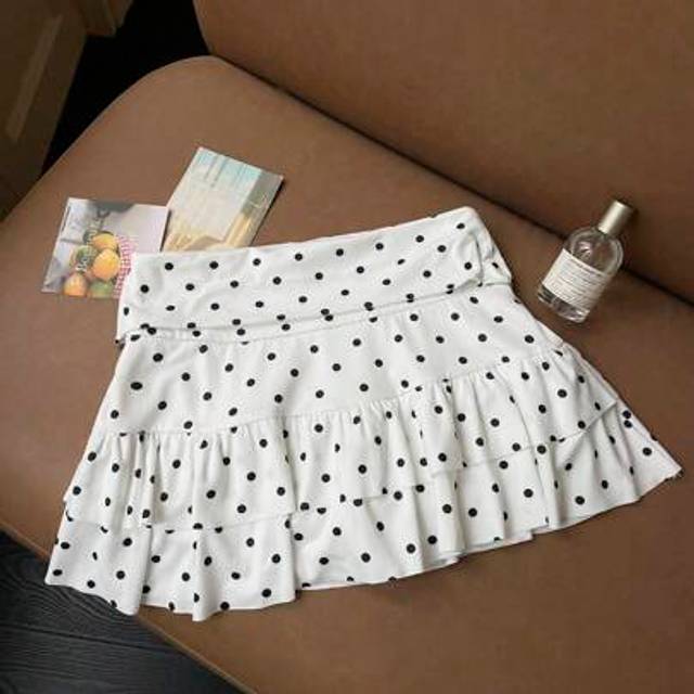 Comfortcana New Women&#39;s White Polka Dot Print Multi-Layered Ruffle Cake Skirt Knitted A-Line Skirt Suitable For Summer Vacation At The Beach And Daily Wear