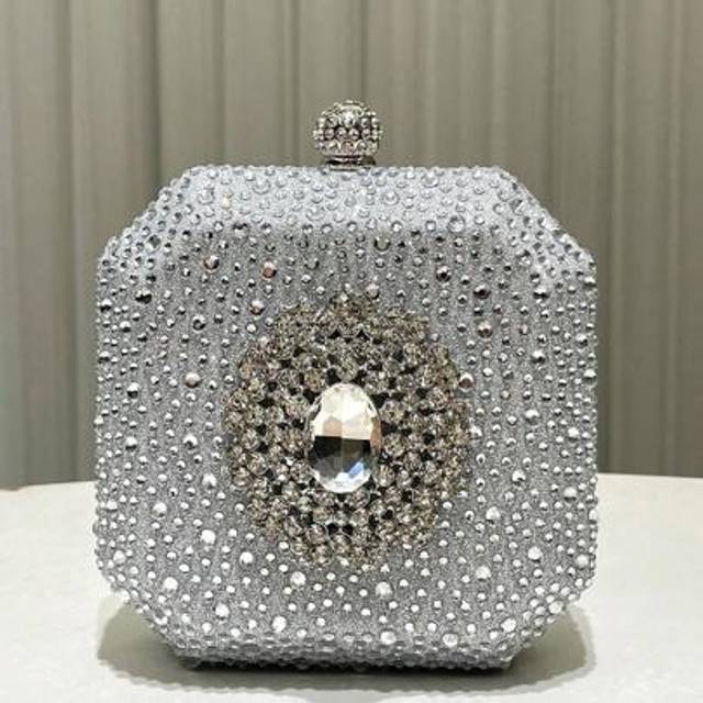 SHEIN 1pc Emerald Green Sparkling Crystal Decorated Elegant Mini Box Clutch Bag, Fashion Personalized Handbag Suitable For Evening Gala, Weddings, Parties,