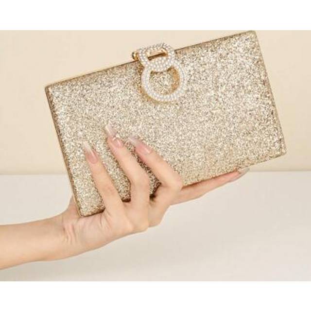 SHEIN 1pc Elegant Women&#39;s Gold Metal Rhinestone Crystal Circular Clasp Evening Bag, Fashionable Square Shaped Clutch Purse, Sparkling Glitter Party Handbag