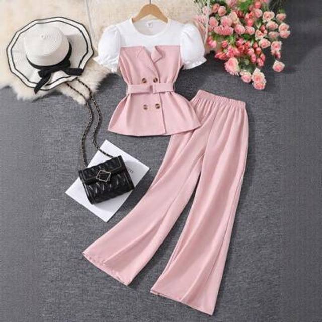 SHEIN Tween Girls Puff Sleeve Top With Belt And Solid Color Flared 3/4 Pants Set