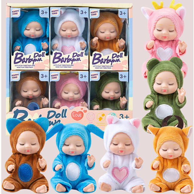SHEIN Rebirth Doll Set Of 6 4 Inch Mini Baby Doll, Sleeping Cute Plush Doll Animal Costume Robe Doll Small Realistic Baby Doll, Cute Bionic Doll, Baby Care
