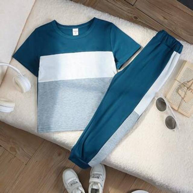 SHEIN Young Boy Style Sporty Streetwear Cute Vacation Graphic Colorblock Round Neck Short Sleeve T-Shirt And Long Pants Set, Suitable For Daily, School, Tra