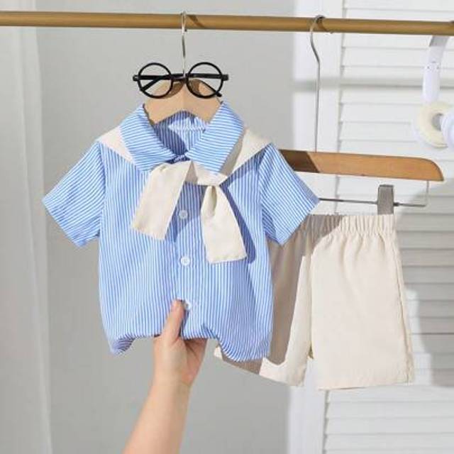 SHEIN 2pcs Toddler Boys Summer Casual Striped Shirt And Shorts Set,Holiday,Summer, Travel