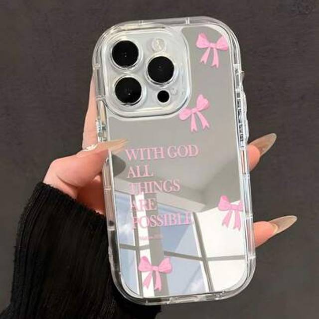 SHEIN 1pc Minimalist Pink Girl Style Bowknot Religious Slogan Pattern Transparent Mirror Soft Phone Case, Compatible With IPhone 11/12/13/14/15/16 Pro Max