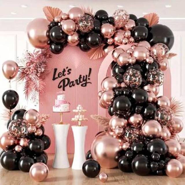 SHEIN 123pcs Black & Rose Gold Metal Latex Balloon Arch Garland Set, Suitable For Birthday, Wedding, Baby Shower, Anniversary Celebration, Outdoor & Indoor