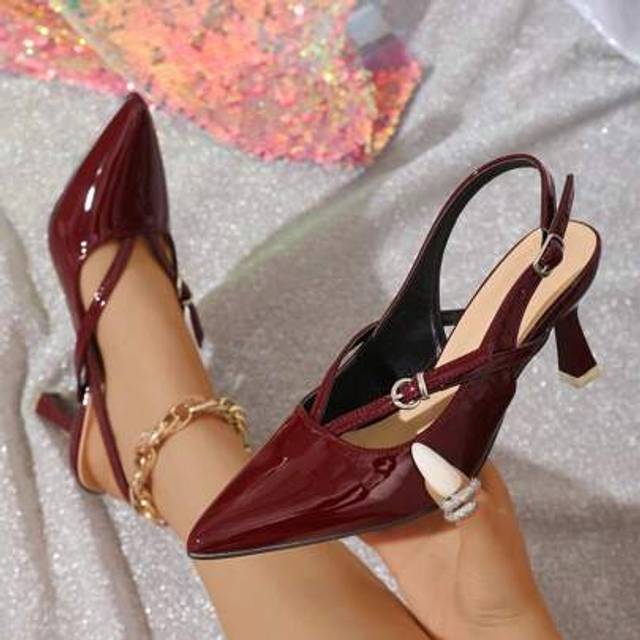 SHEIN Sexy Burgundy Women&#39;s Pointy Toe High Heel Sandals With Criss-Cross Strap And Back Opening