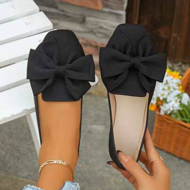 SHEIN Women&#39;s Bow Square Toe Wide Fit Ballerina Flats, Comfortable Slip-On Loafers, Elegant For Spring/Summer Everyday, Office, Commuting, Black Wide Width
