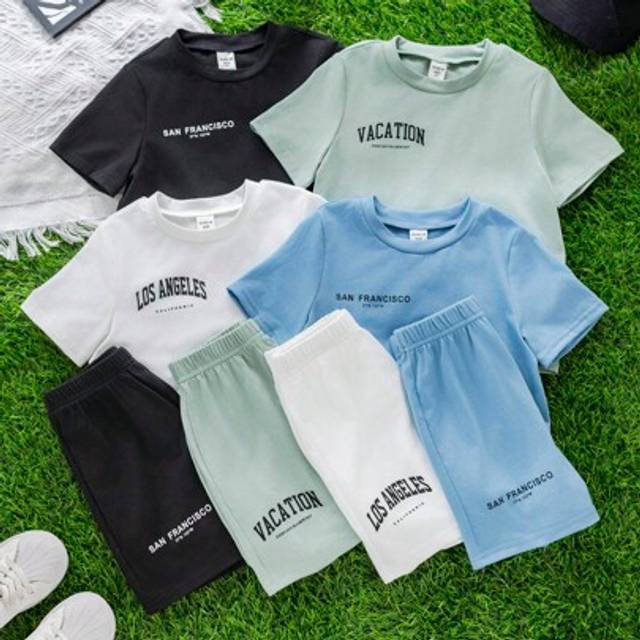 SHEIN 8-Pack Young Boys Casual Sports Vacation Fashionable Classic Versatile Minimalist Landmark Letter Print Knit T-Shirt And Shorts Set, Suitable For Kids