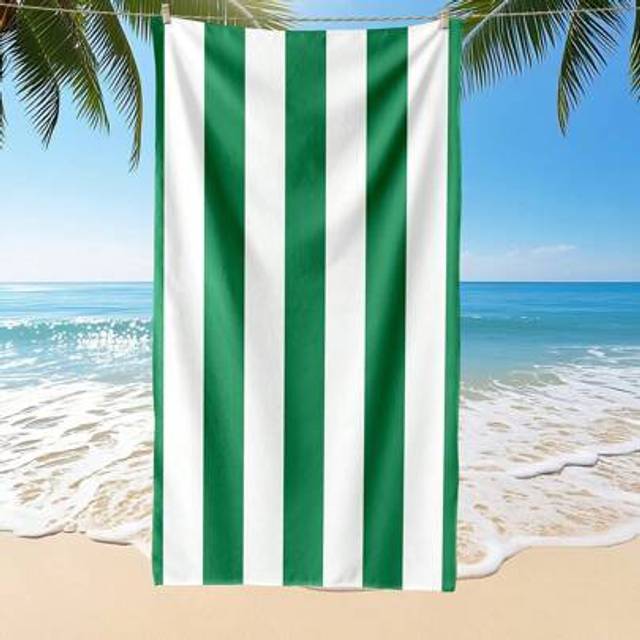 SHEIN 1pc Printed Beach Towel, Dark Green And White Stripe Pattern Swim Towel, Bath Towel, Fashion Style Beach Towel, Super Absorbent Bath Towel For Bathroo