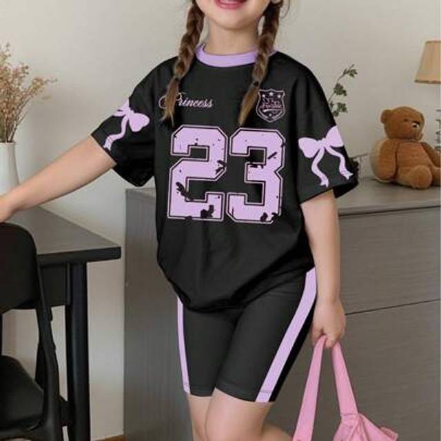 SHEIN 2pcs/Set Young Girl Summer Casual Digital Print Short Sleeve T-Shirt And Shorts Outfit Young Girls Clothing Sets Two Piece Girl Clothes Young Girls Se