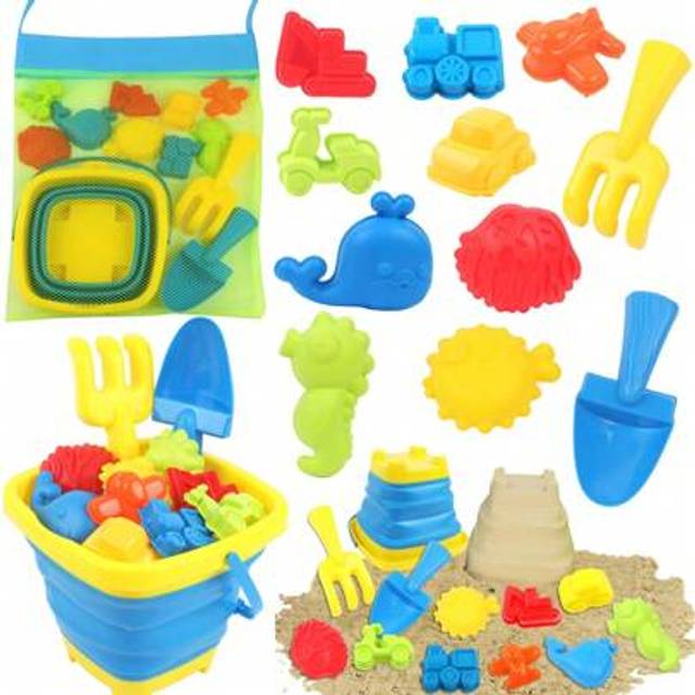 SHEIN Kids Foldable Beach Bucket & Shovel Set With Mesh Bag, Children&#39;s Sand & Water Play Beach Toys, Summer Outdoor Toys For Toddlers