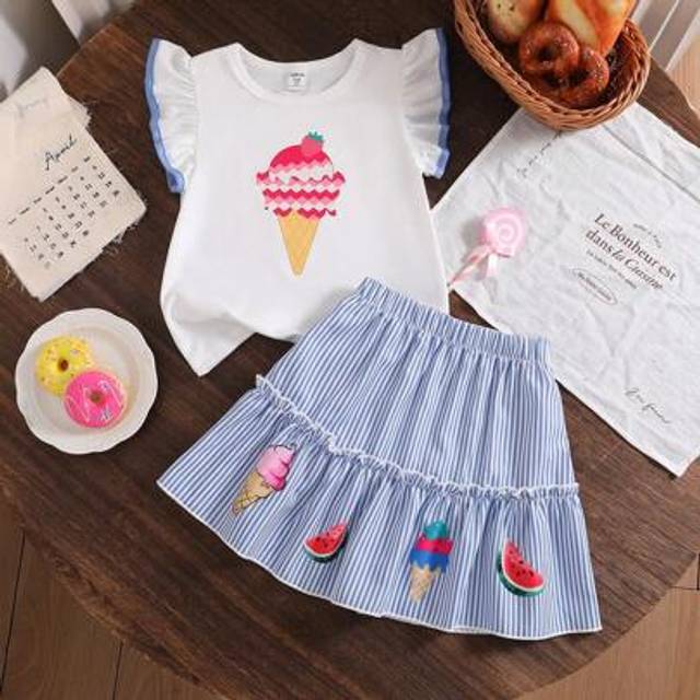 SHEIN 2pcs Young Girl Girls Ice Cream Design Ruffle Sleeve Top & Striped Skirt Set  Girl Summer Clothes Set Summer Outfits For Girls Clothes Set Sets For Gi