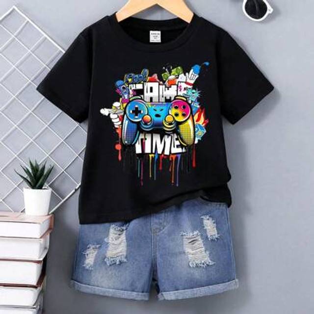 SHEIN 2pcs Young Boy Casual Game Console Print Short Sleeve T-Shirt And Denim Shorts Set, Summer