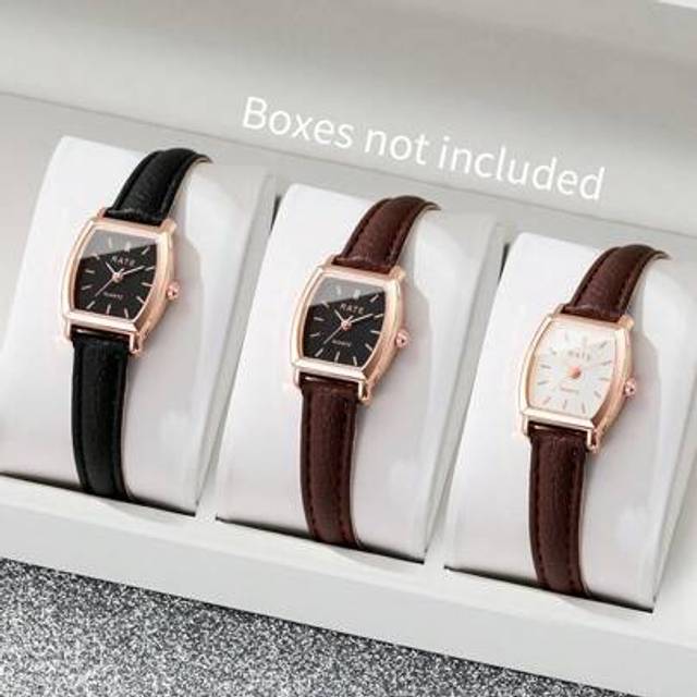 SHEIN 3pcs/Set Women Elegant Fashion Leather Strap Barrel-Shaped Small Dial Quartz Wrist Watch, Casual Style (Watch Box Not Included)