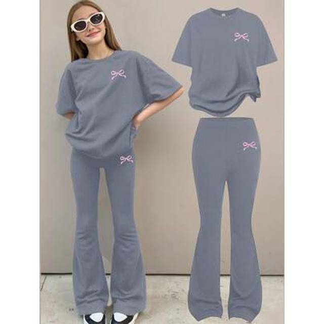 SHEIN 2pcs Tween Girls Casual Minimalist Short Sleeve Top And Pants Set, Suitable For Summer
