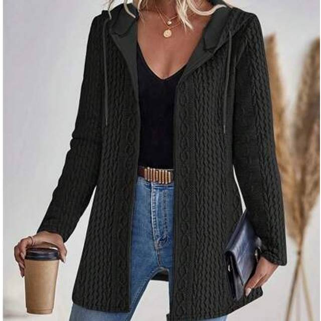 SHEIN Plus Size Women&#39;s Fashion Autumn/Winter Elegant Textured Solid Color Zipper Hooded Cardigan Sweater