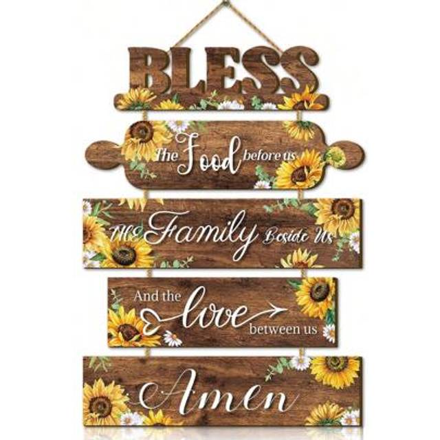 SHEIN 5 Pieces Sunflower Kitchen Wood Wall Hanging Plaque Sign For Home Decor,Farmhouse Bless The Food Before Us Sign Wall Art Plaque Sign For Dining Room D