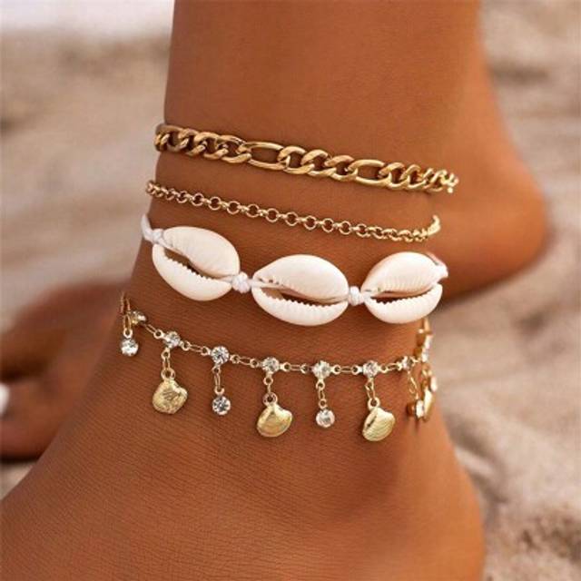 SHEIN 4pcs/Set Gold Color Foot Jewelry Carnival Party Sparkling Crystal Seashell Handmade Adjustable Braided Rope Multi-Layer Anklet, Suitable For Women Dai