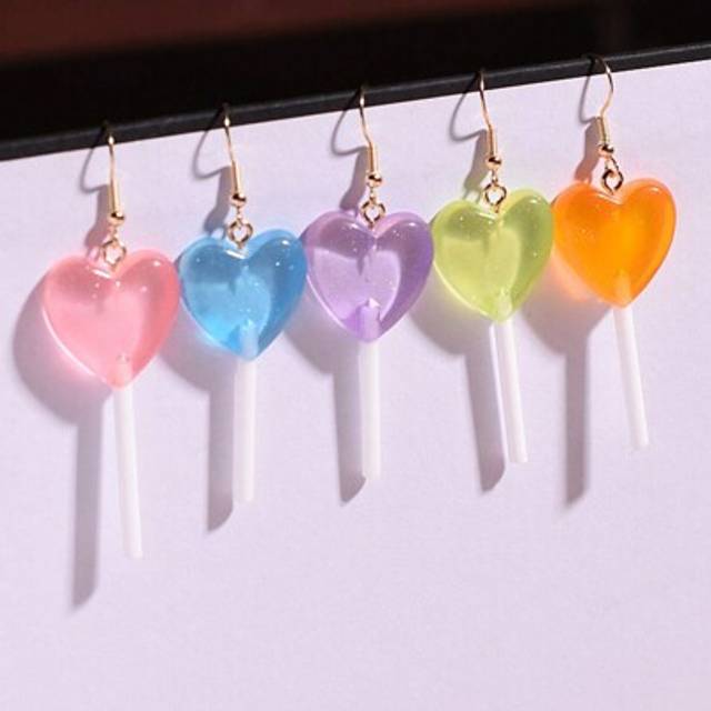 SHEIN 4pcs/Set Double Color Heart Lollipop Earrings, Two Color Combinations: Pink/Purple, Orange/Blue, Cute & Girl Earrings