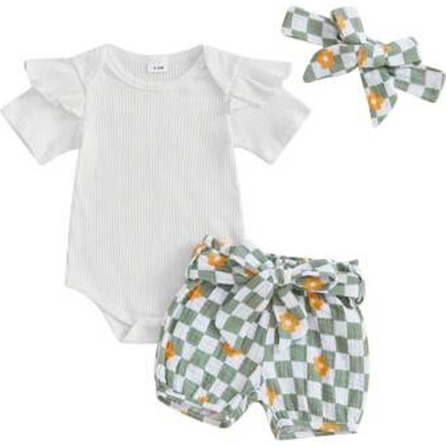 SHEIN Baby Girls Summer Outfit Short Sleeve Romper + Checkered Floral Print Shorts + Headband Set Infant Clothes
