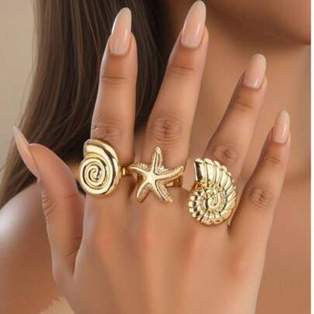 SHEIN 3pcs Set Exaggerated Wide Ocean Element Metal Vintage Textured Seashell & Starfish Rings For Women, Ideal For Vacation & Summer Outfit