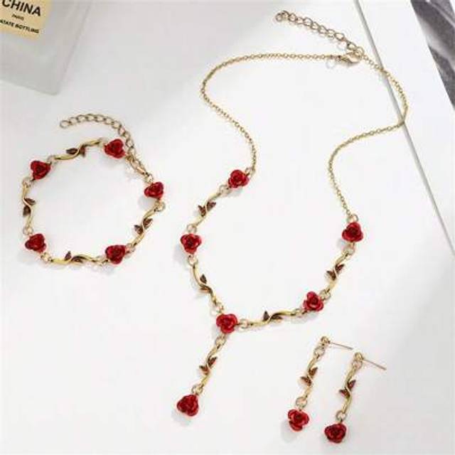 SHEIN 1 Set (1 Necklace + 1 Bracelet + 1 Pair Earrings) Vintage Rhinestone Rose Flower Jewelry Set In Red, Including Rose Necklace, Bracelet, And Earrings