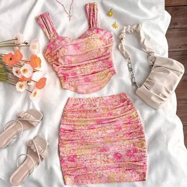 SHEIN Teen Girls Pink Ditsy Floral Knitted Mesh Ruched Bodycon Crop Top And Mini Skirt 2 Pieces Set, Cute Casual Holiday Outfit