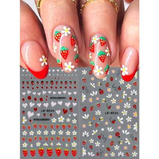 SHEIN 2 Sheets Cartoon Strawberry Daisy Summer Nail Art Sticker Decals White Daisy Flowers Cute Bee Ladybug Mixed Petals Design 3D Self-Adhesive Nail Sticke