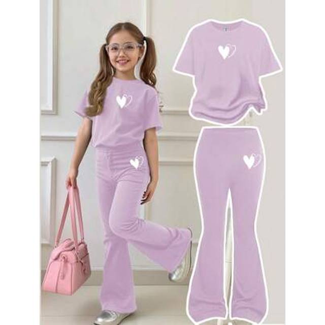 SHEIN 2pcs Tween Girls Casual Simple Short Sleeve Top And Long Pants Set, Suitable For Summer