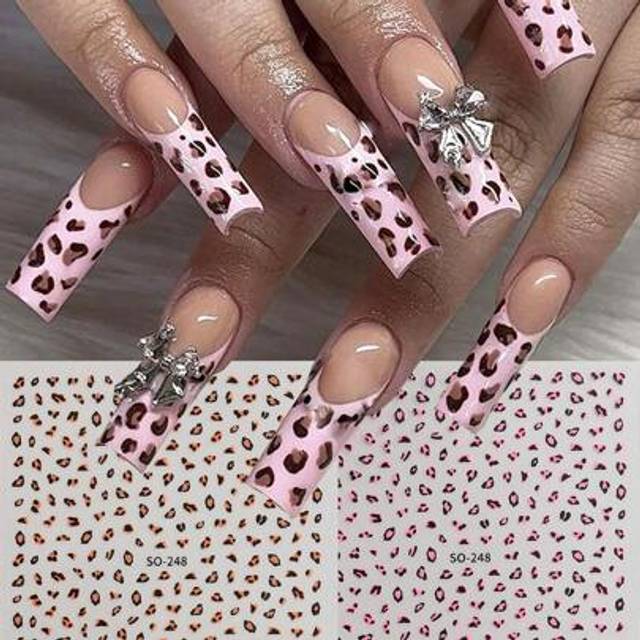 SHEIN 2 Sheet 3D Leopard Print Nail Art Stickers Autumn And Winter Leopard Print French Design Y2K Charms Nail Decals Animal Print Self-Adhesive Nail Suppli