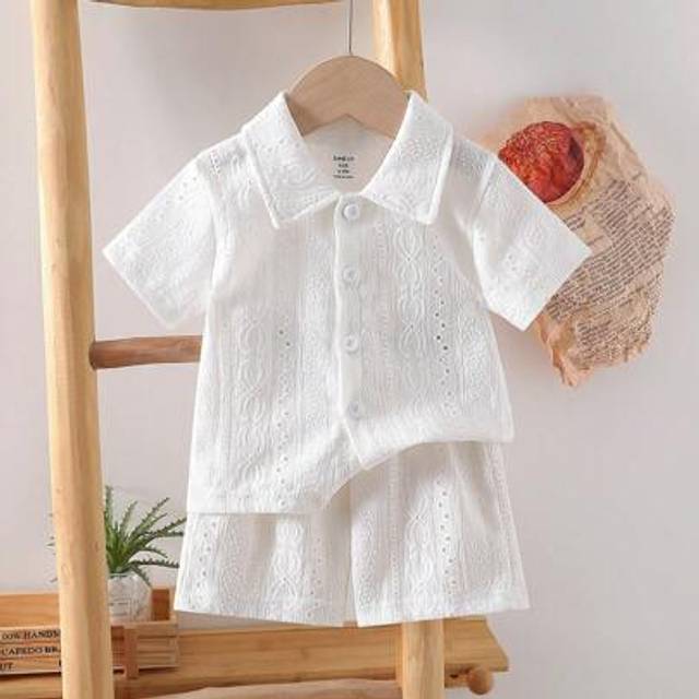 SHEIN Baby Boy Summer White Fashion Polo Collar Short Sleeve Shirt With Shorts Set, Elegant Minimalist Style, No Graphic Design, Loose Fit, Suitable For Out