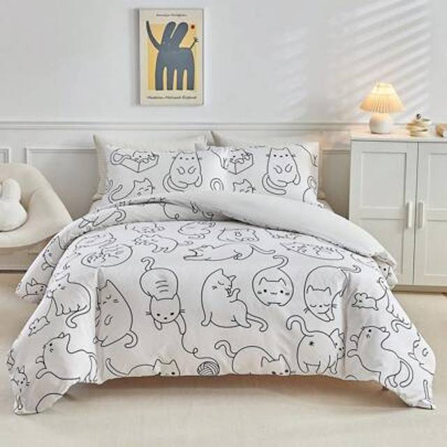 SHEIN 2/3pcs Black & White Graffiti Cat Print Bedding Set, Cute Minimalist Duvet Cover & Pillow Sham Set, Suitable For All Seasons (1/2 Pillow Sham + 1 Duve