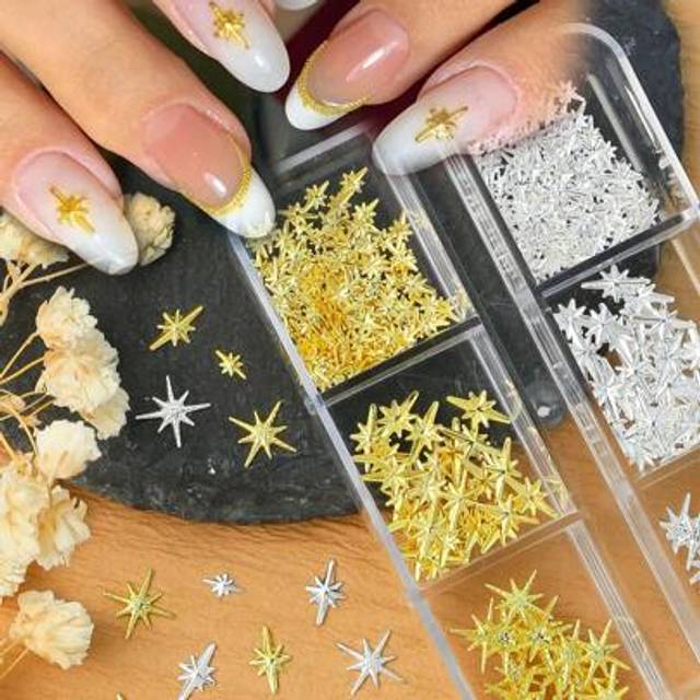 SHEIN 6 Grids 3D Stars Five-Pointed Star Metal Gold And Silver Jewelry Nail Charms Art Decoration Y2K Japanese Alloy Stick-On Manicure DIY Nail Supplies Nai