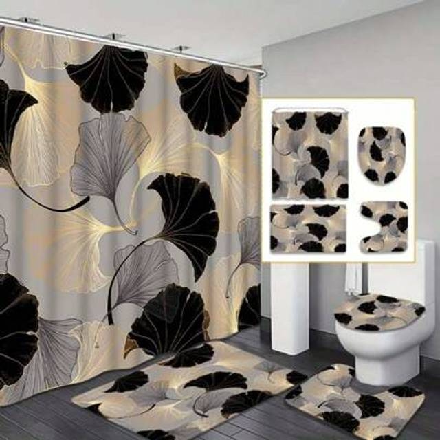 SHEIN 1/4pcs High-Quality Creative Stylish Golden Ginkgo Leaf Print Shower Curtain, Modern Design, Suitable For All Seasons, Waterproof Polyester With Hooks