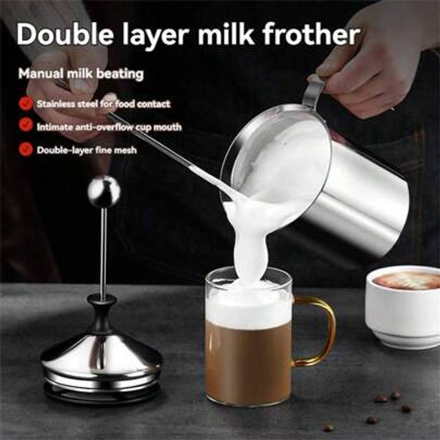 SHEIN 1pc 400ml Stainless Steel Pump Milk Frother Creamer Foam Cappuccino Coffee Double Mesh Froth Screen