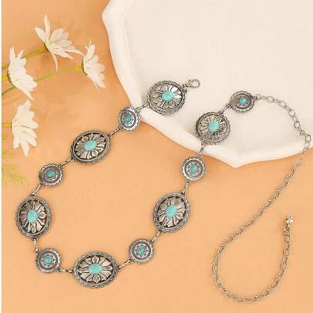 SHEIN Retro Elegant Handmade Iron Adjustable Silver Color Women&#39;s Waist Chain, Tropical Floral Print Zinc Alloy Flower Vine Waist Belt, Wedding And Everyday