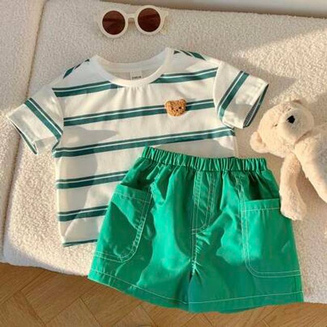 SHEIN 2pcs Baby Boy Summer Casual Cute Stripe Knit T-Shirt & Elastic Waist Shorts Set